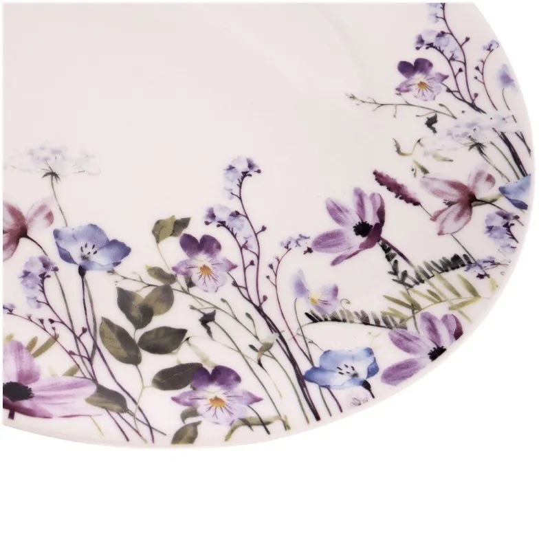 Talerz Obiadowy Płytki Porcelanowy Kwiaty Ozdobny Okrągły MEBLIVA - Biały