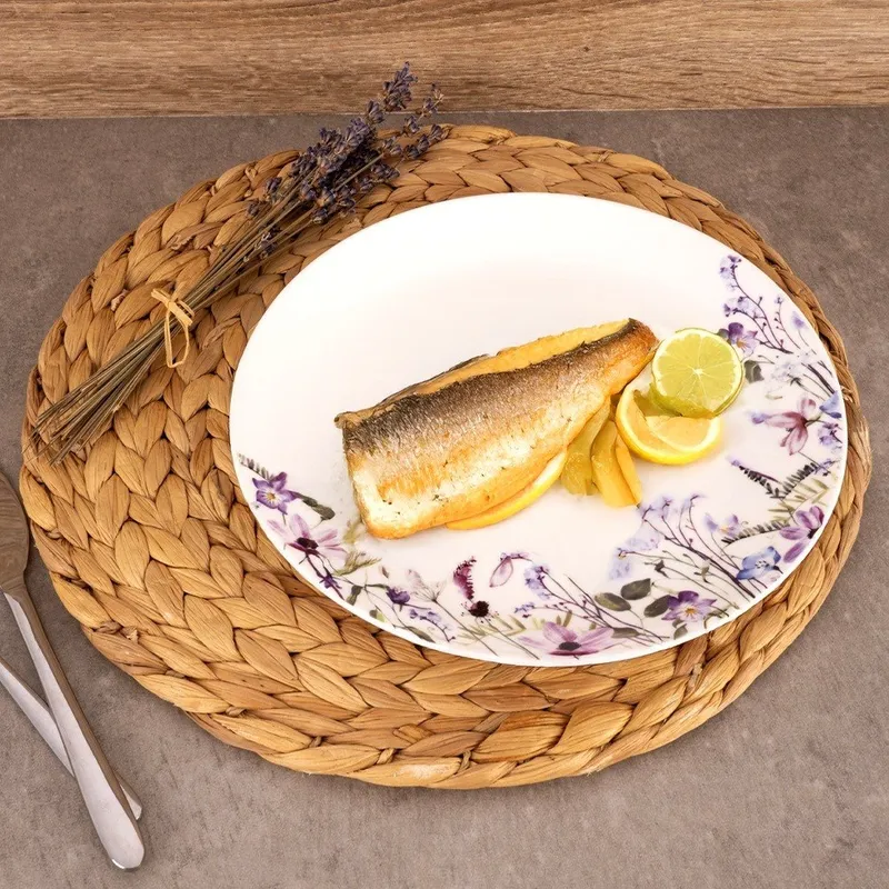 Talerz Obiadowy Płytki Porcelanowy Kwiaty Ozdobny Okrągły MEBLIVA - Biały