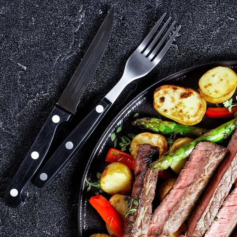 Sztućce Do Steków Burgerów Stalowe Zestaw 12 el. BBQ Ząbkowane MEBLIVA
