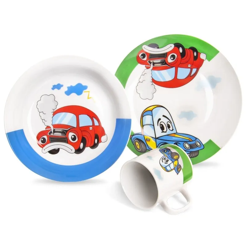 Zestaw Śniadaniowy 3 el. Porcelanowy Dziecięcy Kubek Talerz Auto MEBLIVA