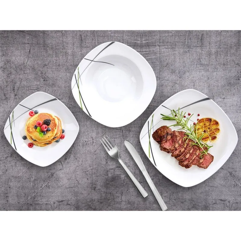 Zestaw Serwis Obiadowy 18 el. Porcelana Kwadratowy Dekor MEBLIVA