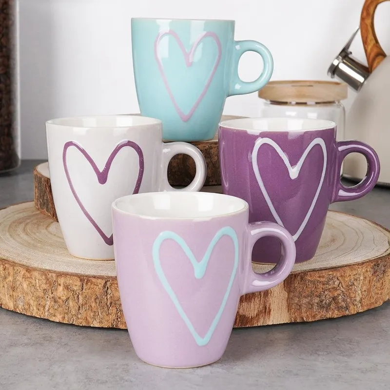Zestaw Kubki Na Kawę Herbatę Kakao Ceramiczne Serca 210 ml 4 szt. MEBLIVA