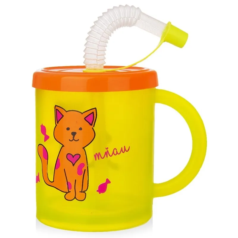 Kubek Dla Dziecka Ze Słomką Kot 260 ml Pokrywka Wygodny BPA Free MEBLIVA