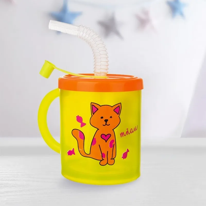Kubek Dla Dziecka Ze Słomką Kot 260 ml Pokrywka Wygodny BPA Free MEBLIVA