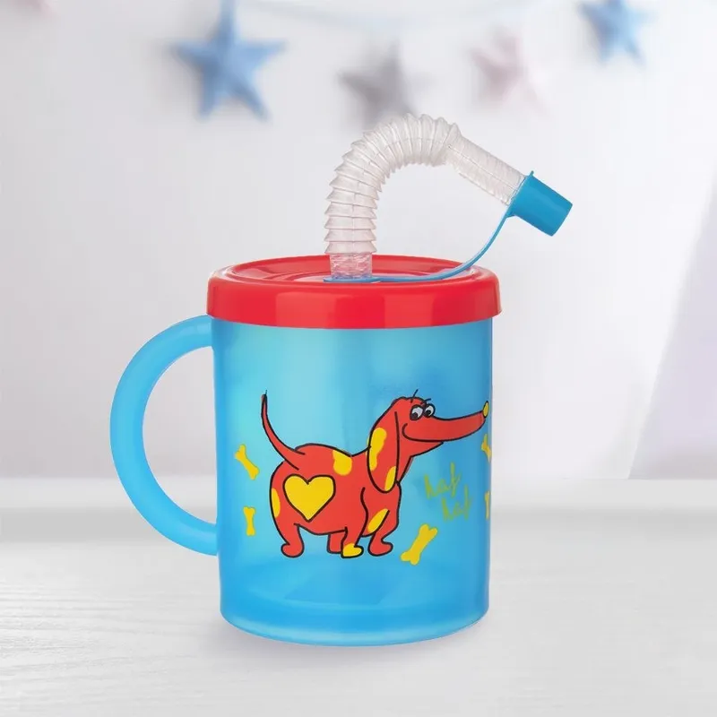 Kubek Dla Dziecka Ze Słomką Pies 260 ml Pokrywka Wygodny BPA Free MEBLIVA