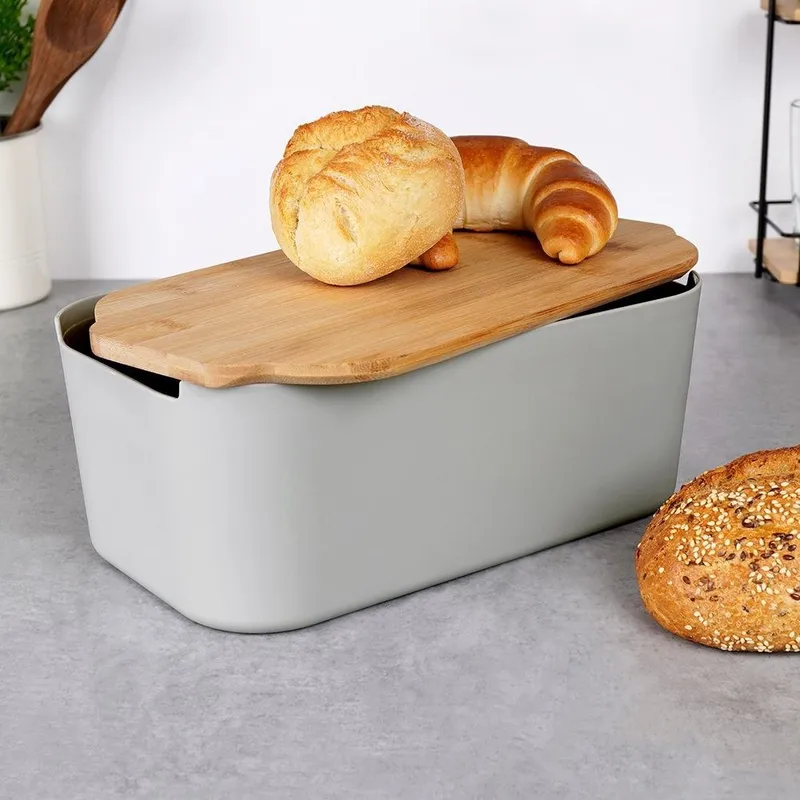 Chlebak Na Pieczywo Chleb Z Deską Bambusową 33 x 18,5 x 12 MEBLIVA - Szary