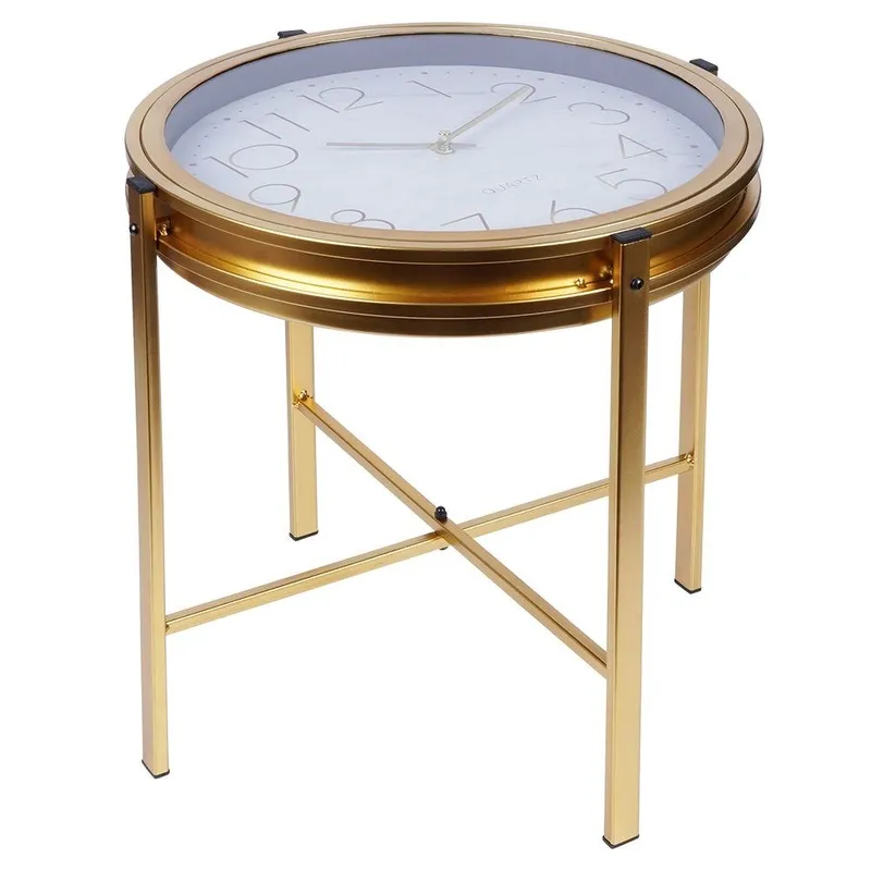 Stolik Kawowy Metalowy Złoty Zegar W Blacie Okrągły 42 x 40 cm HSC MEBLIVA