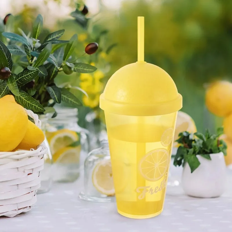 Kubek Z Pokrywką I Słomką 450 ml Nietłukący Do Napojów MEBLIVA - Żółty