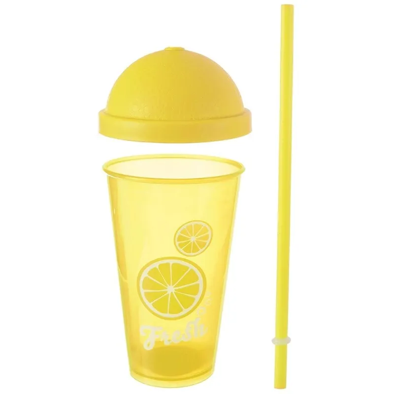 Kubek Z Pokrywką I Słomką 450 ml Nietłukący Do Napojów MEBLIVA - Żółty