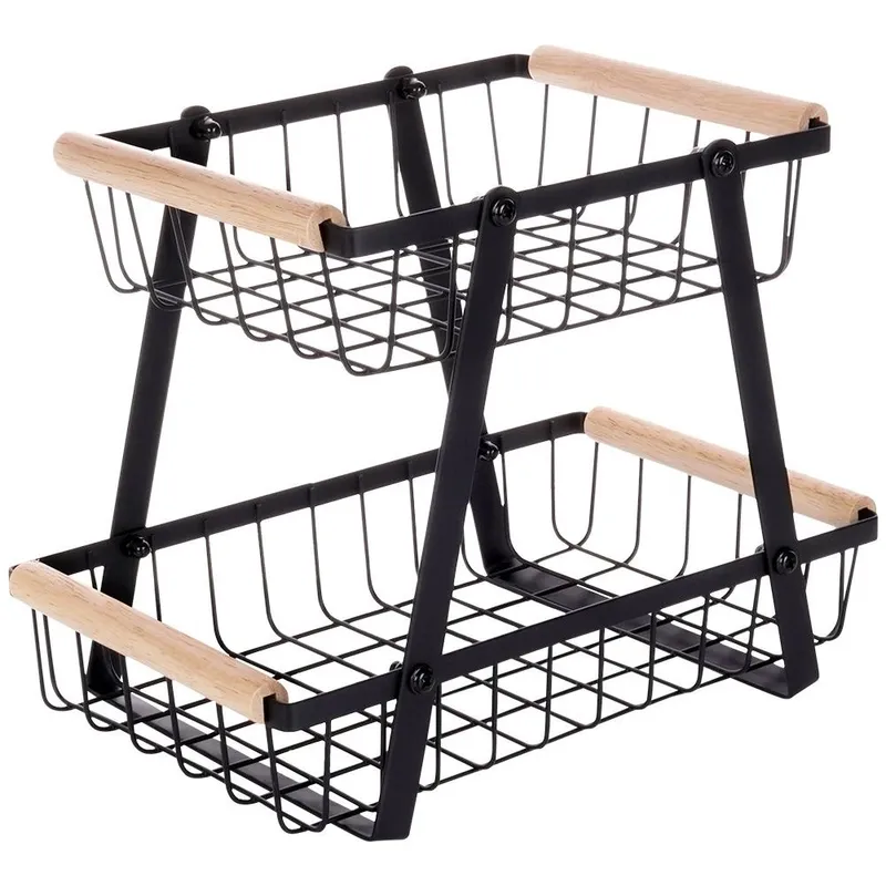 Koszyk Na Owoce Warzywa 2-POZIOMOWY Metalowy 28 x 17,5 MEBLIVA - Czarny