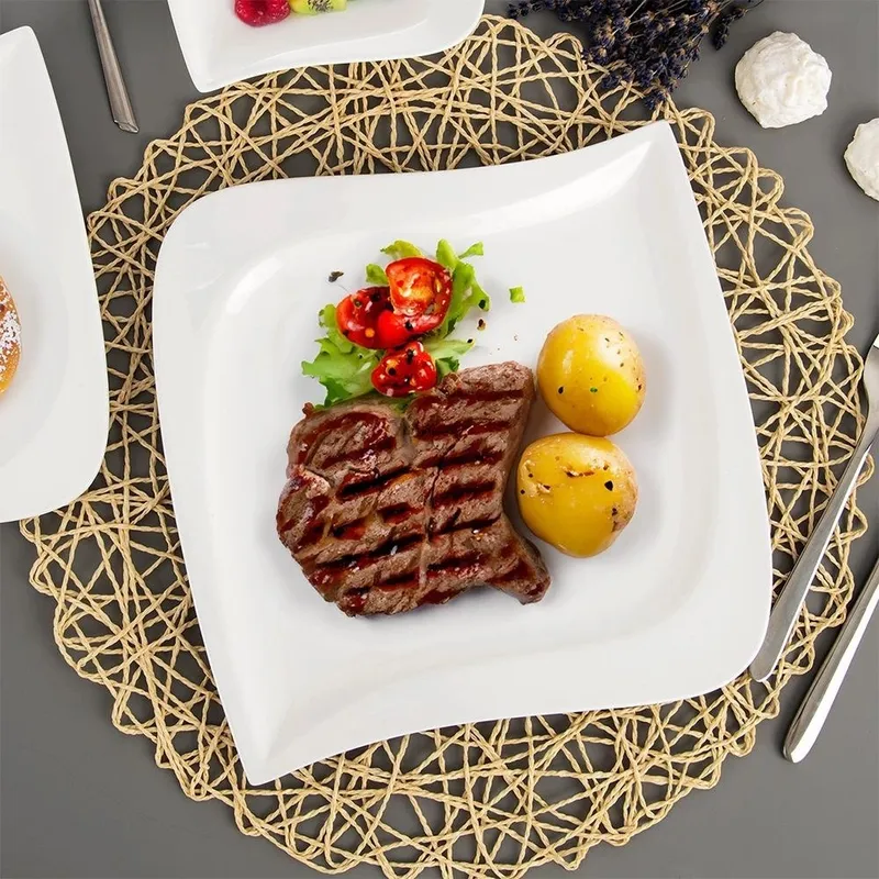 Talerz Obiadowy Płytki Porcelanowy Dekoracyjny Ozdobny 25 x 25 cm MEBLIVA