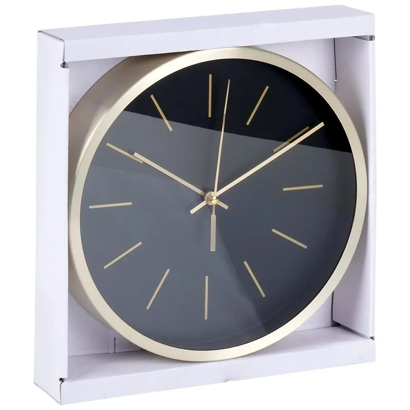 Zegar Ścienny 25 cm Okrągły Czarny Złota Rama Aluminium Cichy MEBLIVA