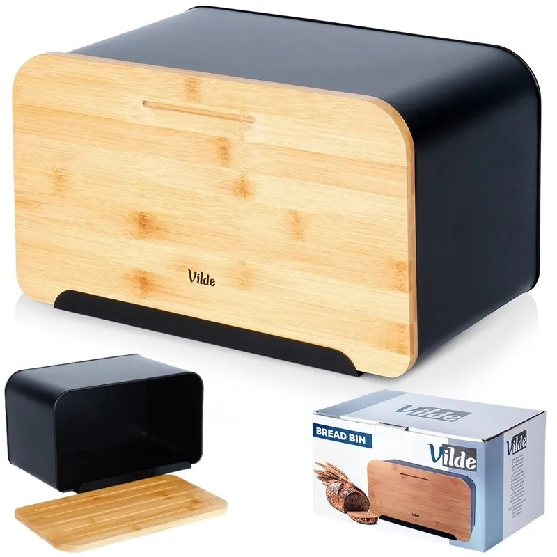 Chlebak Pojemnik Z Deską Bambusową Metalowy 35 x 22 x 20,5 MEBLIVA - Czarny