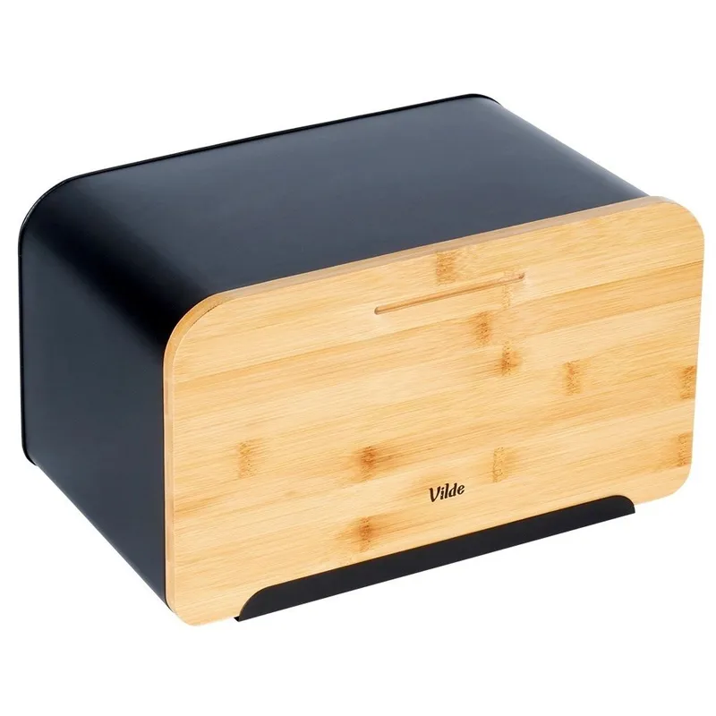Chlebak Pojemnik Z Deską Bambusową Metalowy 35 x 22 x 20,5 MEBLIVA - Czarny
