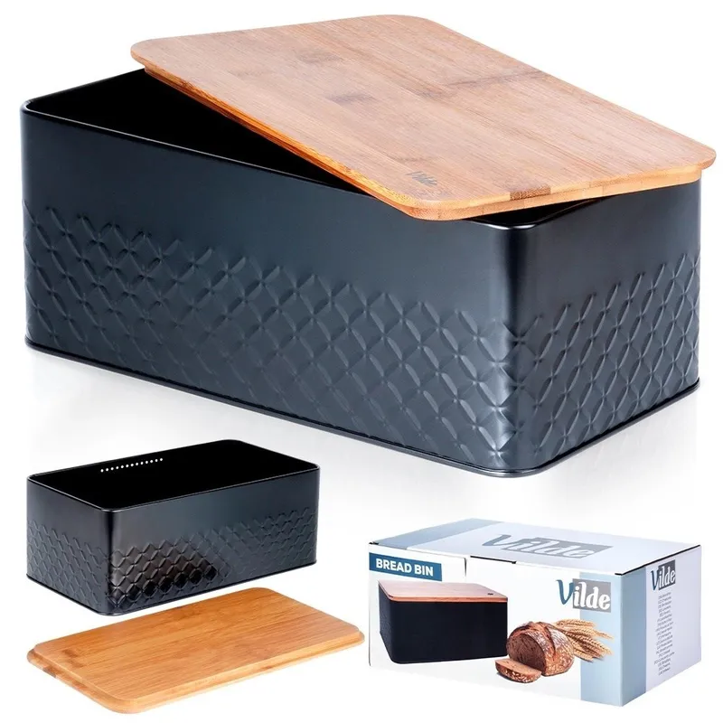 Chlebak Na Pieczywo Chleb Z Deską Metalowy 33,5x18,5x12,5 MEBLIVA - Czarny