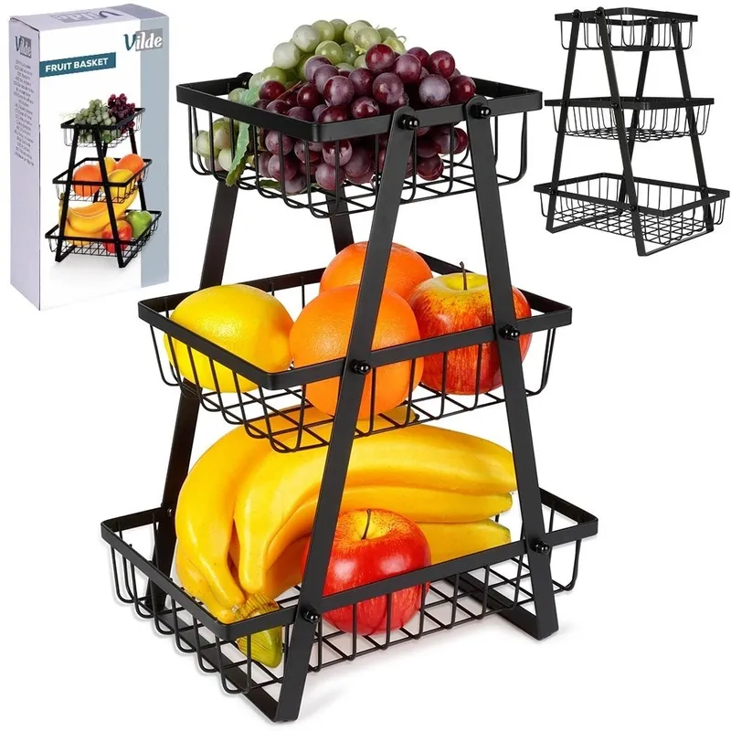Koszyk Na Owoce Warzywa 3 Poziomy Metalowy 28 x 17,5 MEBLIVA - Czarny
