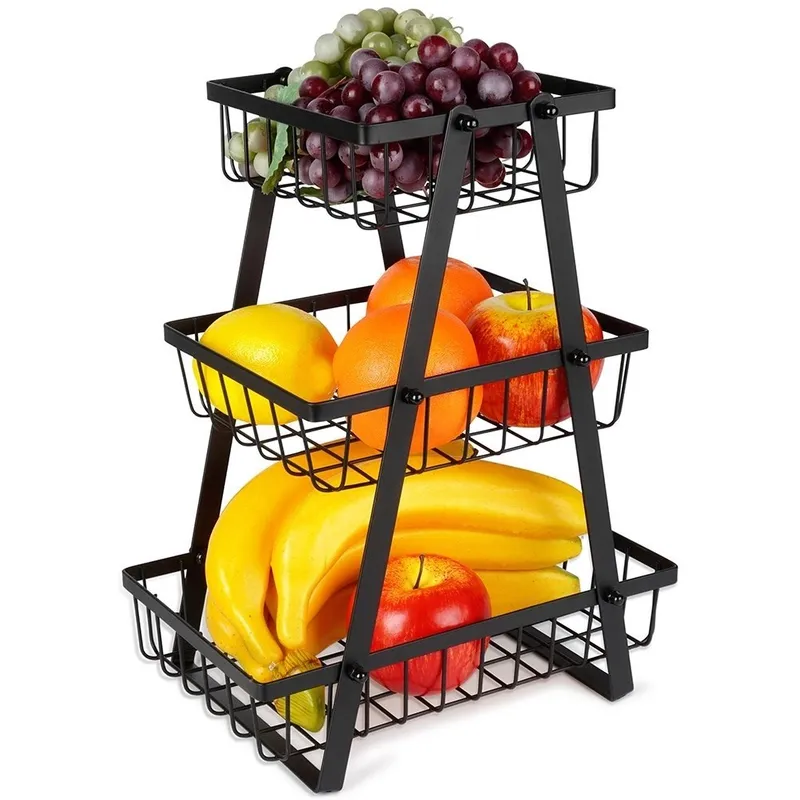 Koszyk Na Owoce Warzywa 3 Poziomy Metalowy 28 x 17,5 MEBLIVA - Czarny
