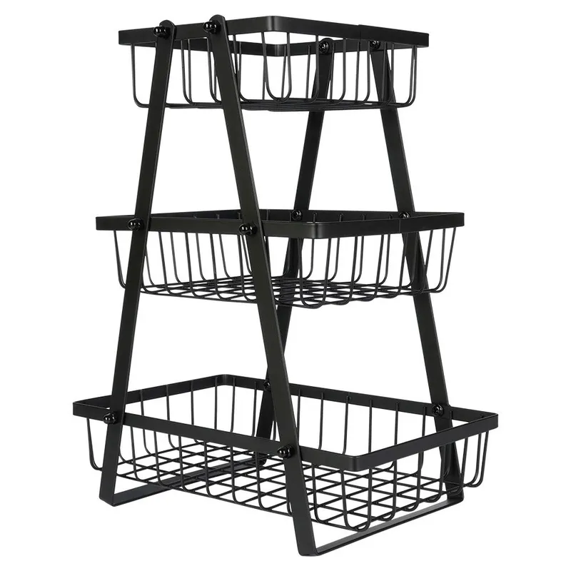Koszyk Na Owoce Warzywa 3 Poziomy Metalowy 28 x 17,5 MEBLIVA - Czarny