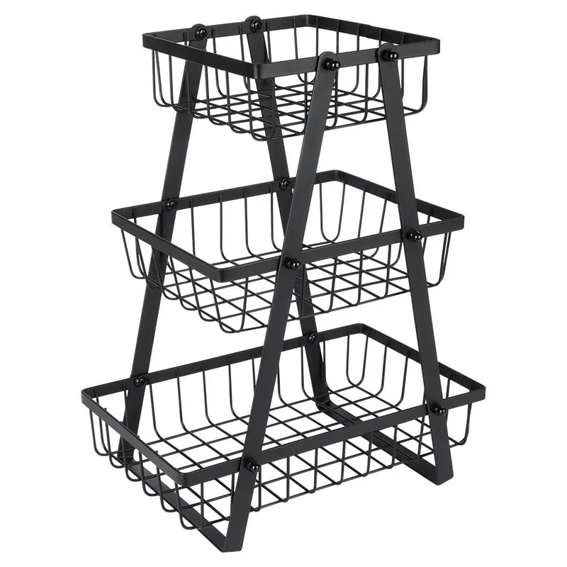 Koszyk Na Owoce Warzywa 3 Poziomy Metalowy 28 x 17,5 MEBLIVA - Czarny