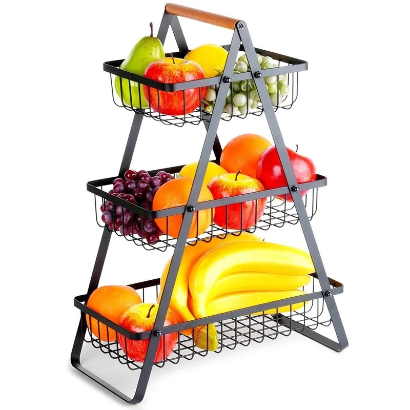 Koszyk Na Owoce Warzywa 3-POZIOMOWY Metalowy 34x17,5x46,5 MEBLIVA - Czarny