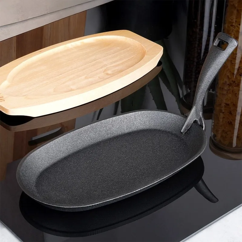 Żeliwna Patelnia Do Smażenia Pieczenia Z Deską Do Serwowania 24x14 MEBLIVA