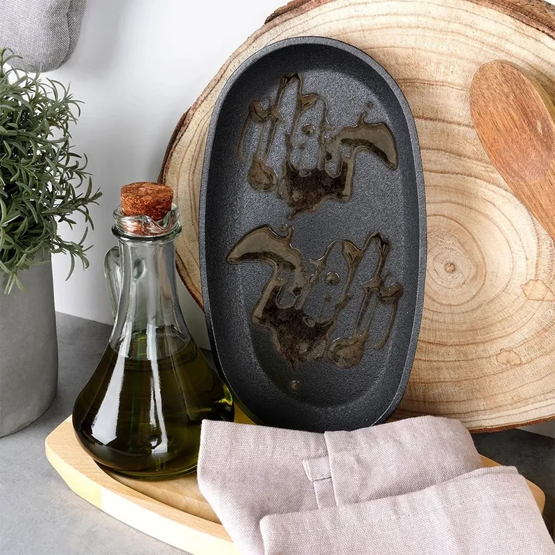 Żeliwna Patelnia Do Smażenia Pieczenia Z Deską Do Serwowania 24x14 MEBLIVA
