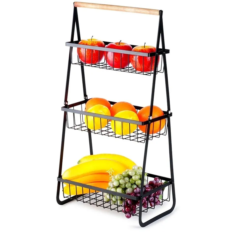 Koszyk Na Owoce Warzywa 3-POZIOMOWY Metalowy 29 cm MEBLIVA - Czarny