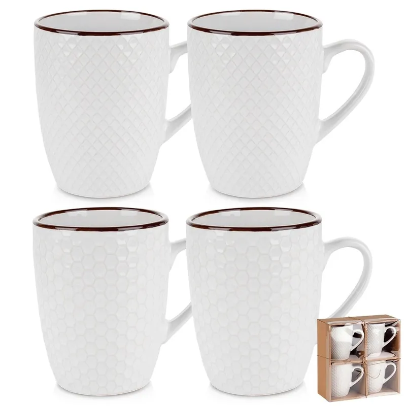 Kubki Ceramiczne Do Kawy Herbaty Zestaw Ozdobny 400 ml 4 MEBLIVA - Białe