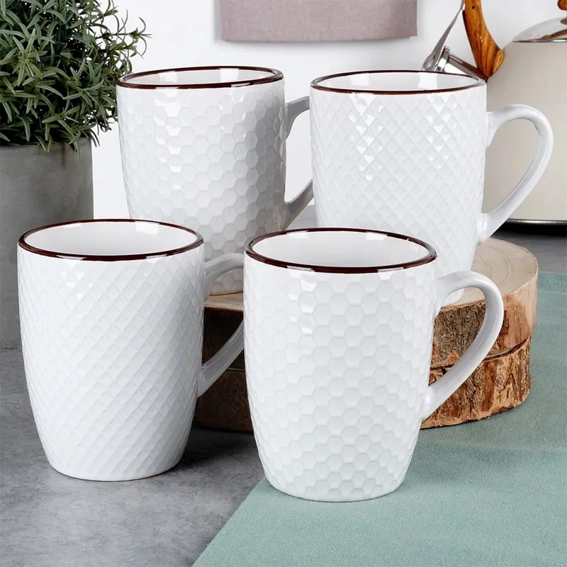 Kubki Ceramiczne Do Kawy Herbaty Zestaw Ozdobny 400 ml 4 MEBLIVA - Białe
