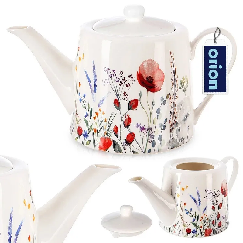 Dzbanek Do Kawy Herbaty Porcelanowy Elegancki Nadruk Maki 1 MEBLIVA - Biały