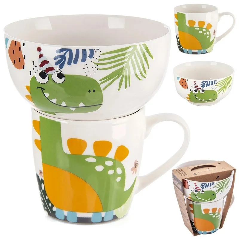 Zestaw Kubek Miseczka Dla Dziecka Dziecięcy Porcelanowy Dinozaur MEBLIVA
