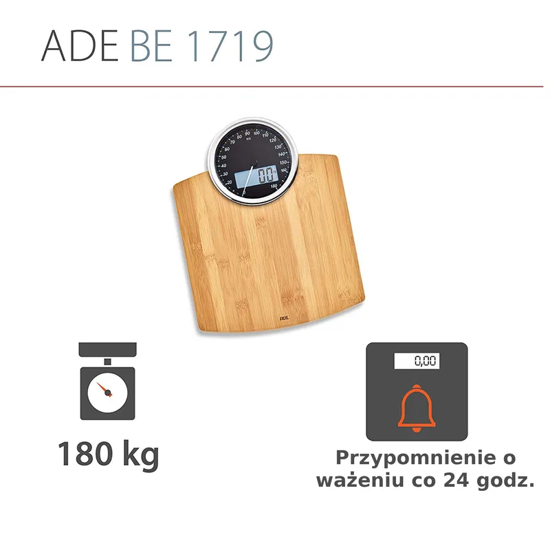 ADE BE1719 LUNA Waga Łazienkowa Bambusowa, Cyfrowo-Mechaniczna, Do 180 kg