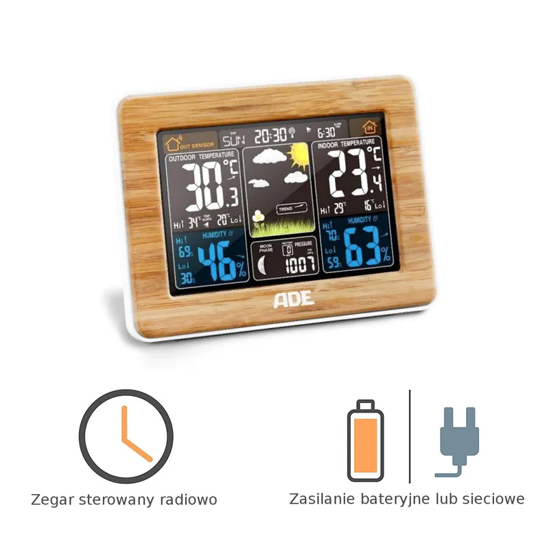 ADE WS1703 Stacja Pogodowa Z Czujnikiem Zewnętrznym, Drewniana