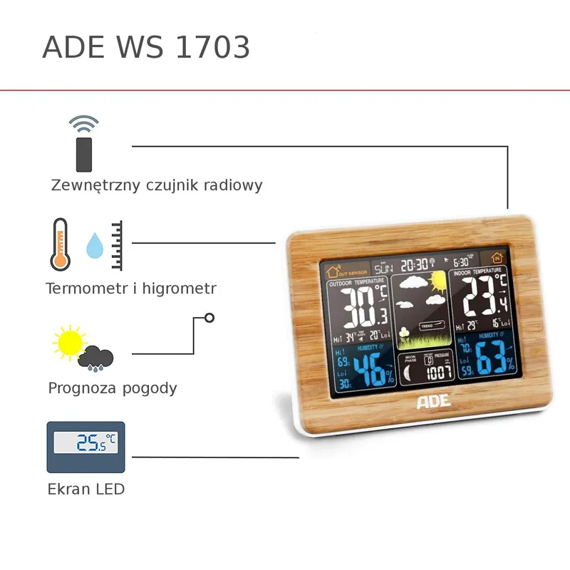 ADE WS1703 Stacja Pogodowa Z Czujnikiem Zewnętrznym, Drewniana