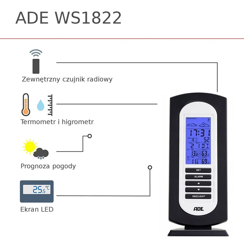 ADE WS1822 Stacja Pogody Z Budzikiem I Kalendarzem, Cyfrowa, Czujnik Zewnętrzny