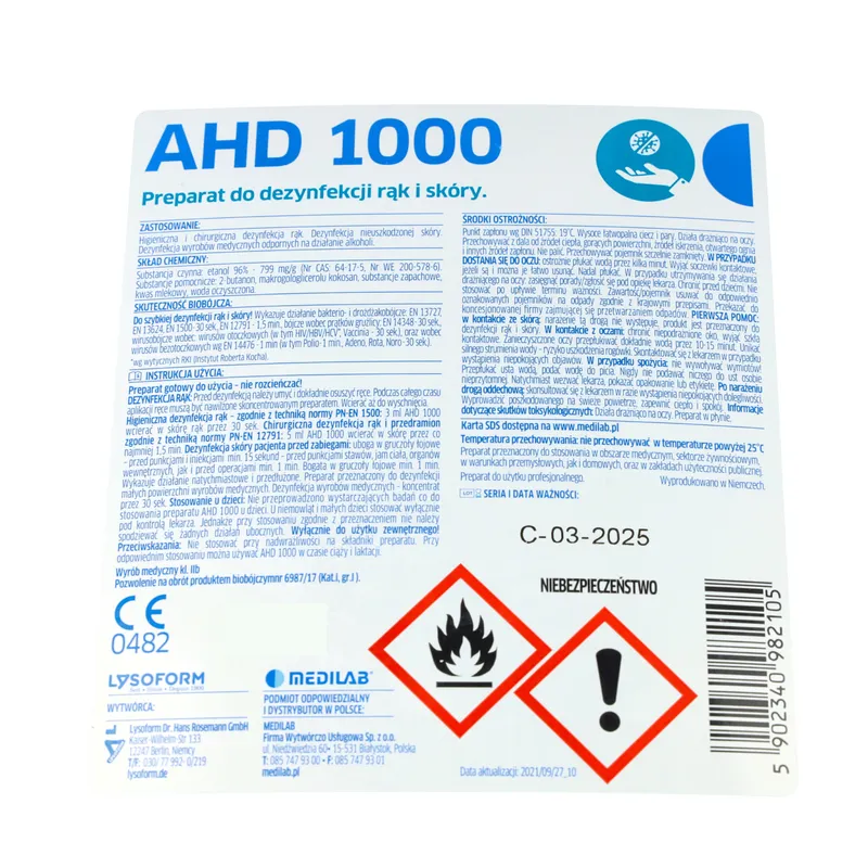 MEDILAB AHD 1000 700ml Płyn Do Dezynfekcji Rąk, Alkoholowy