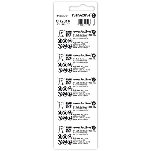 EVERACTIVE CR2016 Bateria Litowa 3 V, Zestaw 5 Sztuk