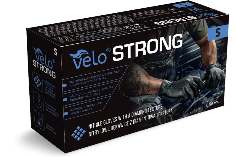 VELO STRONG GRIP S Rękawice Nitrylowe Robocze Z Gripem, 50 szt - CZARNE