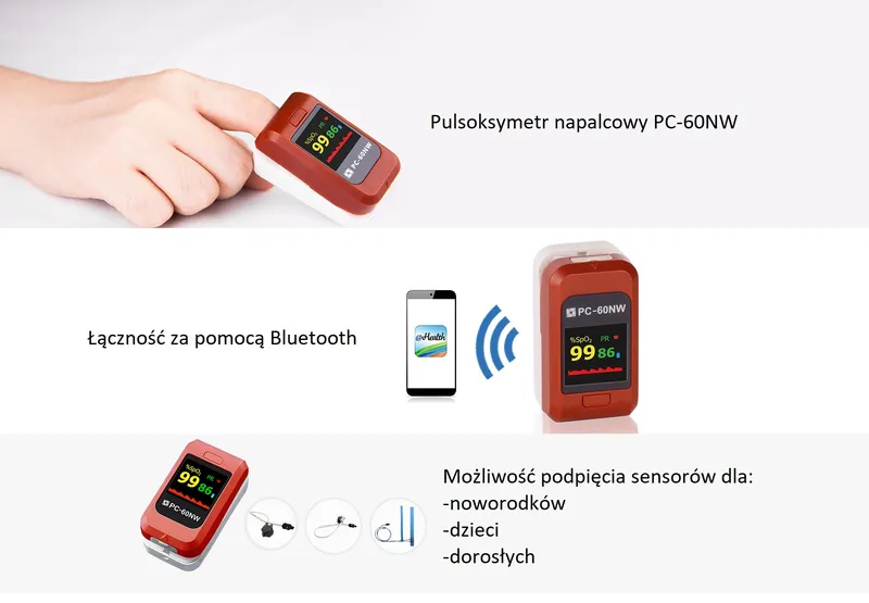 CREATIVE MEDICAL PC-60NW Pulsoksymetr Z Bluetooth I Opcją Podłączenia Czujników SPO2