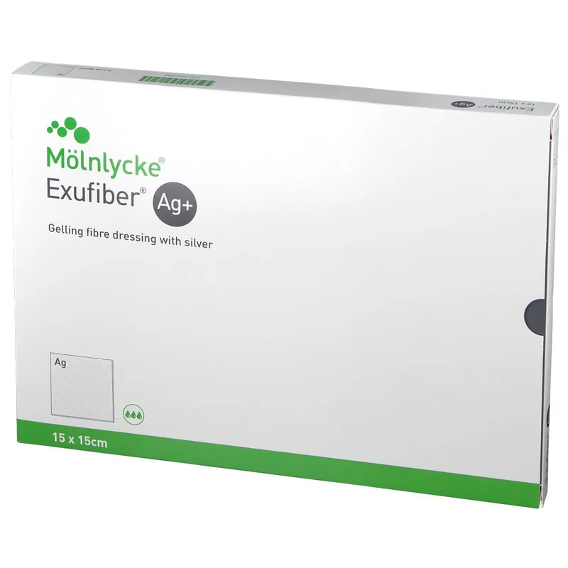 MÖLNLYCKE EXUFIBER AG 15×15 cm Opatrunek Żelujący Z Włókien, Przeciwbakteryjny, 10 szt