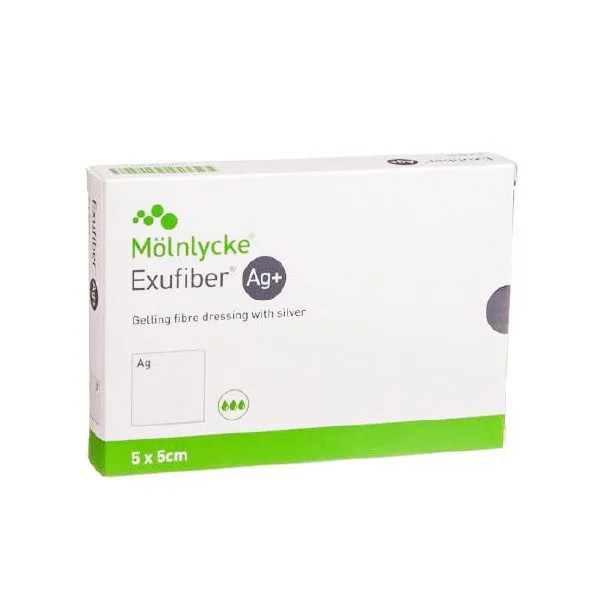 MÖLNLYCKE EXUFIBER AG 5×5 cm Opatrunek Żelujący Z Włókien, Przeciwbakteryjny, 10 szt
