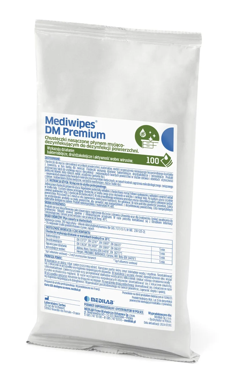 MEDIWIPES DM PREMIUM Chusteczki Do Delikatnych Powierzchni, Wkład, 100 szt