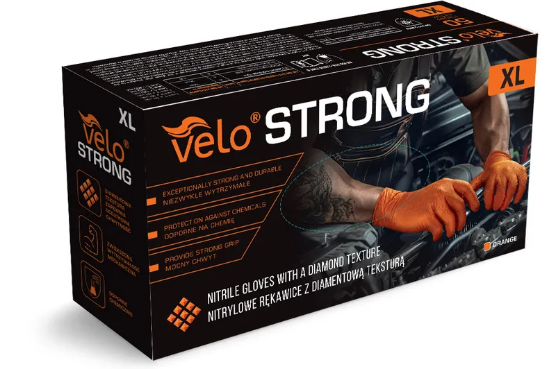 VELO STRONG GRIP XL Rękawice Nitrylowe Robocze Z Gripem, 50 szt - POMARAŃCZOWE