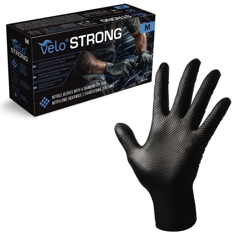 VELO STRONG GRIP M Rękawice Nitrylowe Robocze Z Gripem, 50 szt - CZARNE