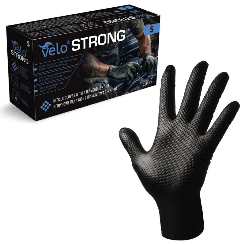 VELO STRONG GRIP S Rękawice Nitrylowe Robocze Z Gripem, 50 szt - CZARNE