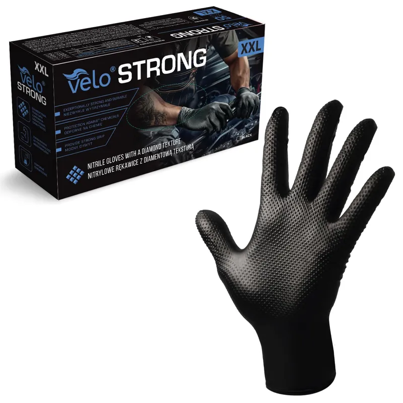 VELO STRONG GRIP XXL Rękawice Nitrylowe Robocze Z Gripem, 50 szt - CZARNE