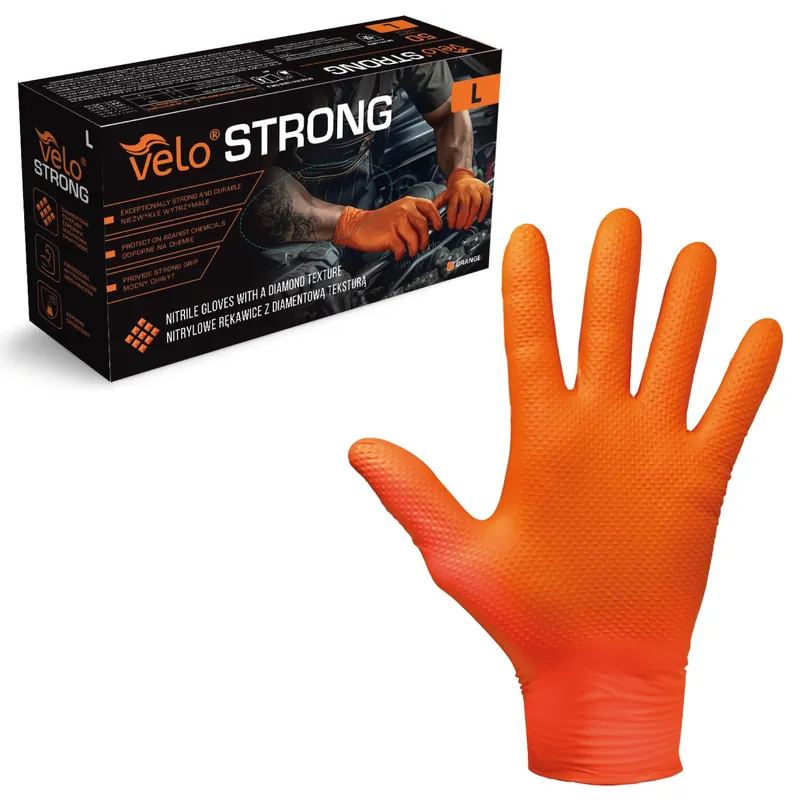 VELO STRONG GRIP L Rękawice Nitrylowe Robocze Z Gripem, 50 szt - POMARAŃCZOWE
