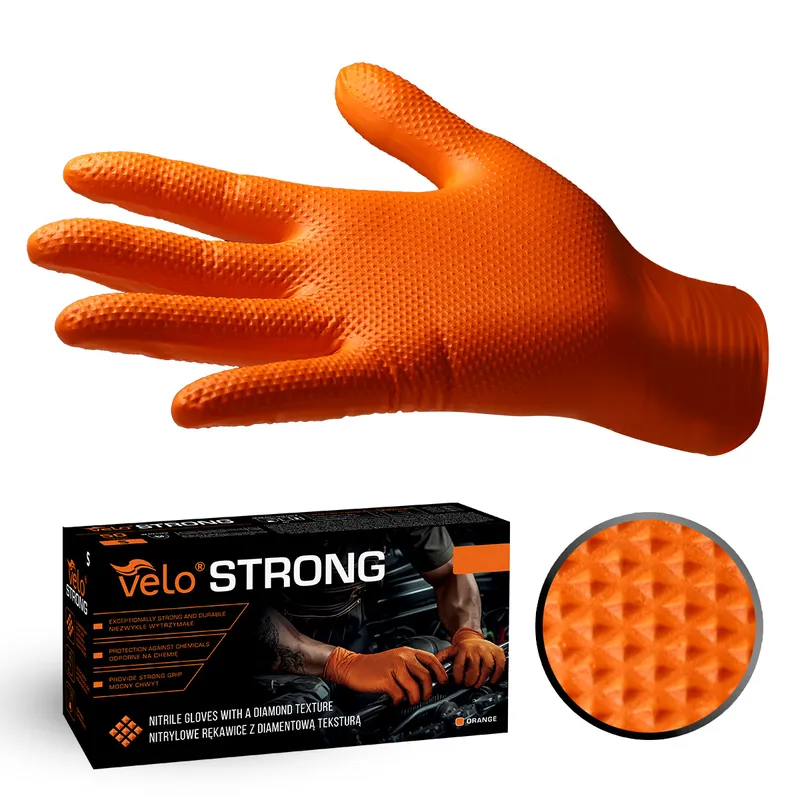 VELO STRONG GRIP XXL Rękawice Nitrylowe Robocze Z Gripem, 50 szt - POMARAŃCZOWE
