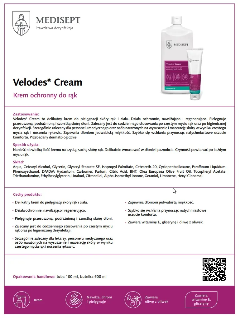 MEDISEPT VELODES 500 ml Delikatny Krem Do Pielęgnacji Skóry Rąk I Ciała