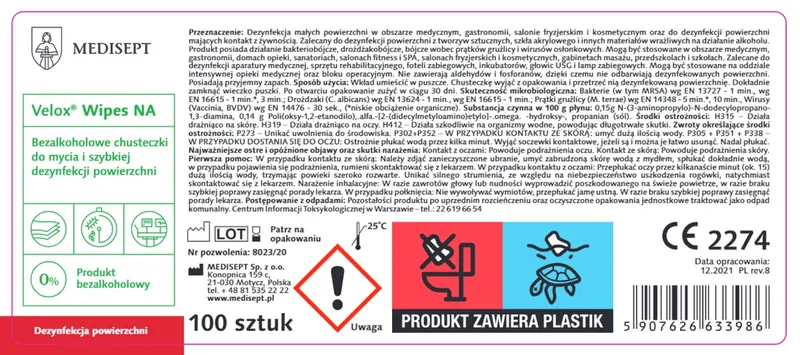 MEDISEPT VELOX WIPES Chusteczki Do Dezynfekcji Bez Alkoholu, Wkład 100 szt